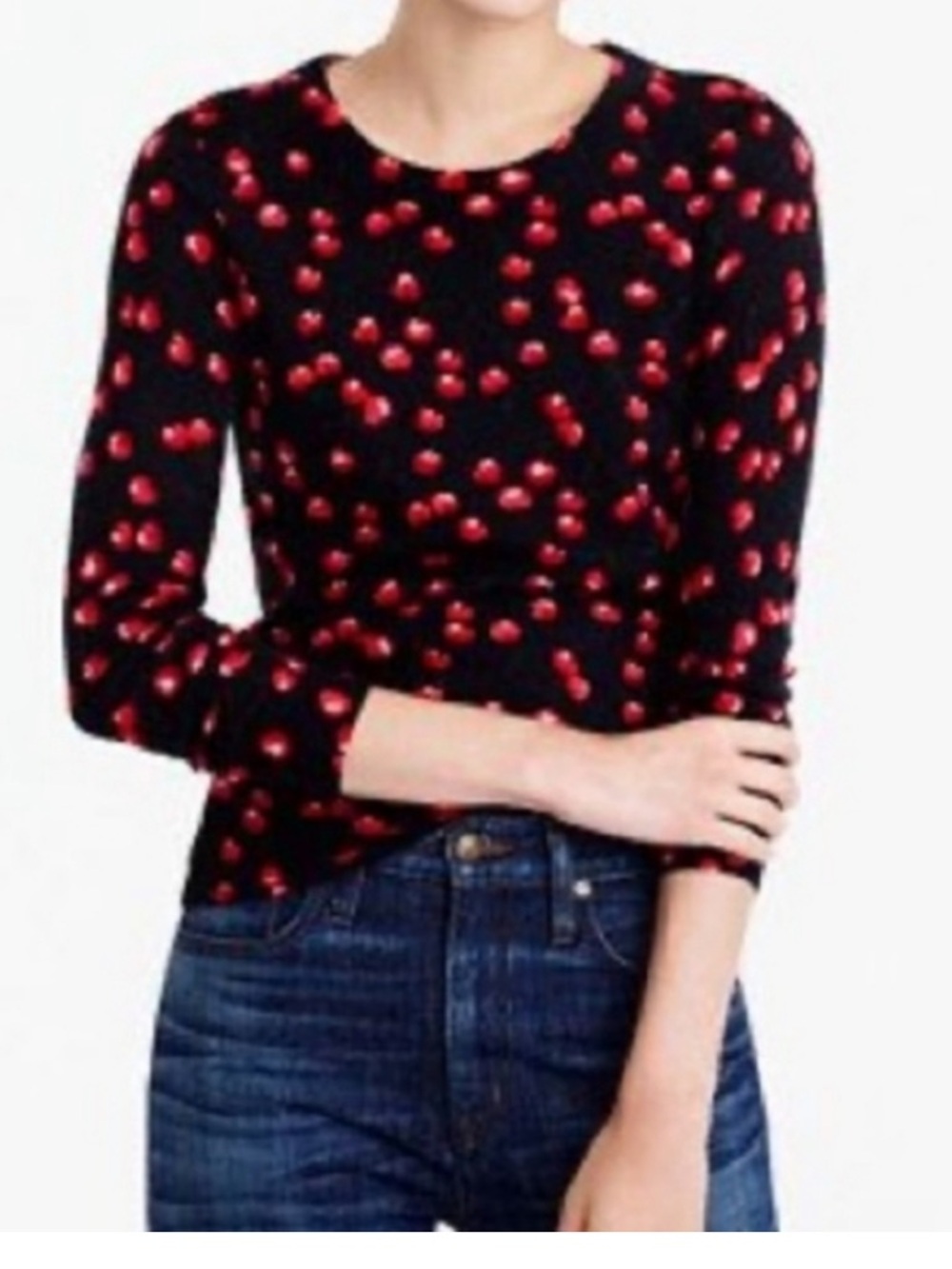 J. Crew Merino Wool Lightweight Black Sweater with Red Cherry Print Size Small